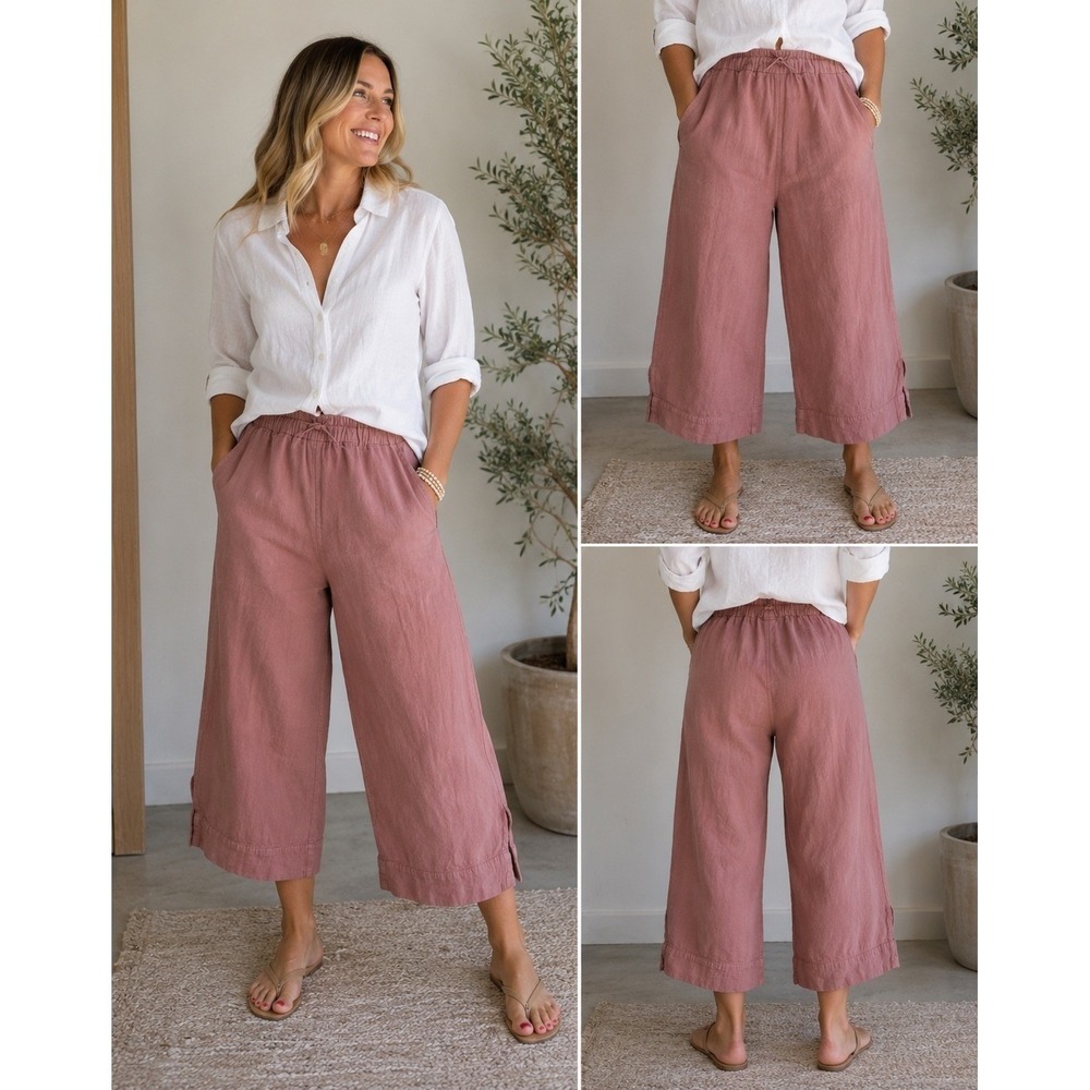 CP Shades Sausalito Women Large Dusty Rose Cotton Cropped Wide Leg Pull On Pants